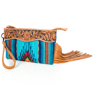 American Darling ADBG344TANF Wristlet Hand Tooled Saddle Blanket Genuine Leather Women Bag Western Handbag Purse